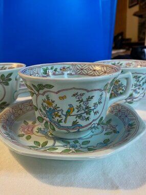 Adams Singapore Bird old red backstamp 3 cups, 2 plates, 1 saucer
